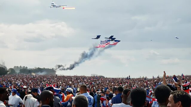 A crowd of people watches an air show where planes perform stunts in the sky.
Concept: Holiday, patriotism
