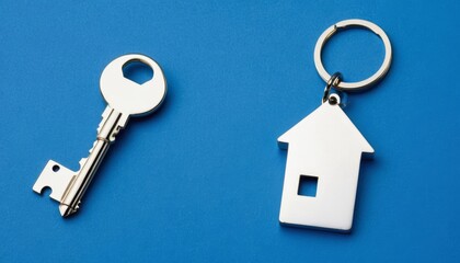 house silver concept shown background blue keychain space key buying keychain keychain estate house represents key rent home property own attached background empty idea new door real copying