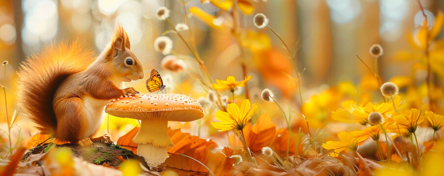 Squirrel in autumn forest. Red animal with mushroom on tree background. Wild nature life. Cute squirrel with fall butterfly. Eurasian small animal with beautiful tail in garden. Wood banner closeup