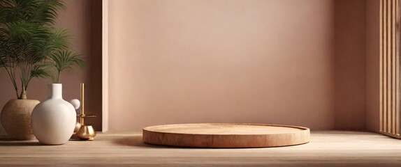 wood podium for display product. Background for cosmetic product branding, identity and packaging inspiration