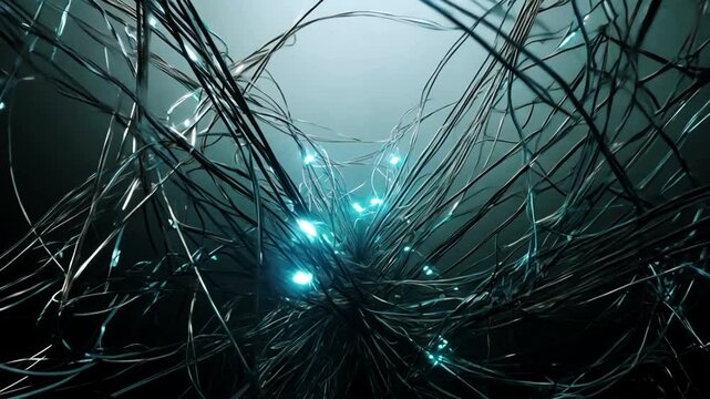 Tangled wires with glowing blue lights in a dark environment.