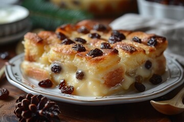 A serving of bread and butter pudding, with layers of buttered bread, raisins, and custard, baked until golden.