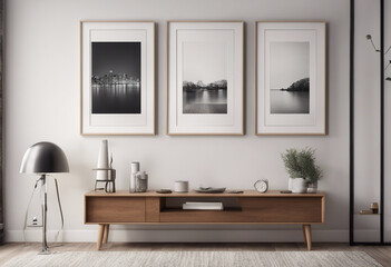 Three blank poster frames on the wall of a modern living room interior A wooden console table with d