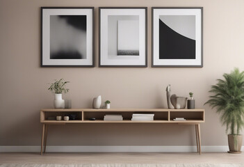 Three blank poster frames on the wall of a modern living room interior A wooden console table with d