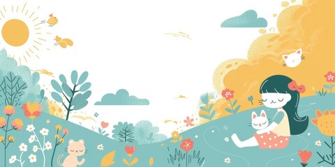 A girl and her feline friend playing together in a colorful meadow