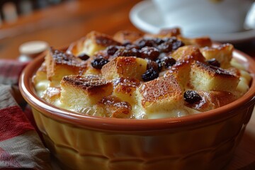 A serving of bread and butter pudding, with layers of buttered bread, raisins, and custard, baked until golden.