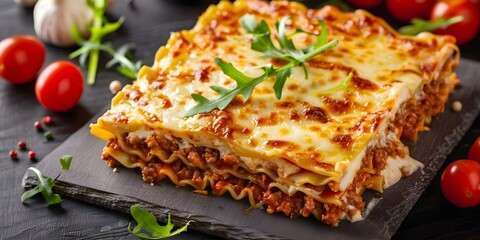 Classic Homemade Lasagna with Minced Beef, Bechamel Sauce, Arugula, and Parmesan Cheese. Concept Italian cuisine, Homemade dishes, Beef recipes, Comfort food, Pasta dishes