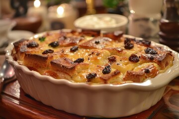 A serving of bread and butter pudding, with layers of buttered bread, raisins, and custard, baked until golden.