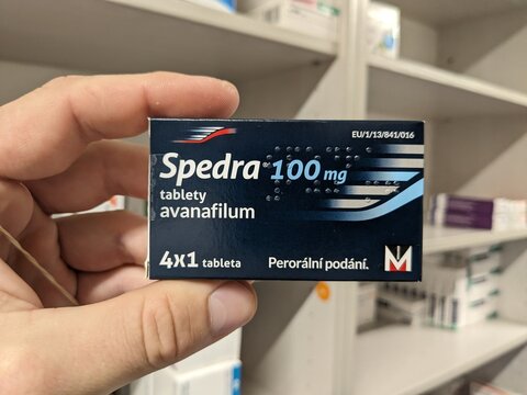 Prague, Czech Republic - July 10 2024: Spedra box of medication with avanafil active substance by Menarini, used for treatment of erectile dysfunction.