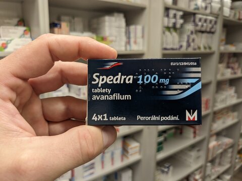 Prague, Czech Republic - July 10 2024: Spedra box of medication with avanafil active substance by Menarini, used for treatment of erectile dysfunction.