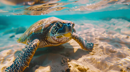 Obraz premium Hawaiian Green Sea Turtles under Endangered Circumstance, Cruising in Hawaii's Warm Pacific Ocean