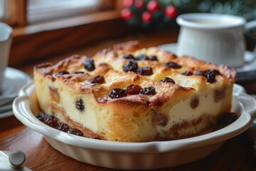 A serving of bread and butter pudding, with layers of buttered bread, raisins, and custard, baked until golden.