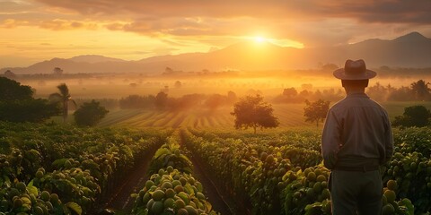 Fototapeta premium Misty Sunrise Over Monk Fruit Plantation A Farmer's View. Concept Farming Practices, Agriculture, Rural Life, Sustainability, Morning Views