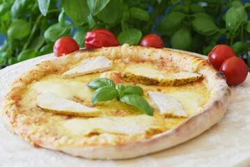 Whole Homemade Pizza with Chiken on Wooden Table with Ingredients Background. National Pizza Day, La Giornata Mondiale della Pizza, World Pizza Day. Tasty, Food, Fast Food, Hunger.