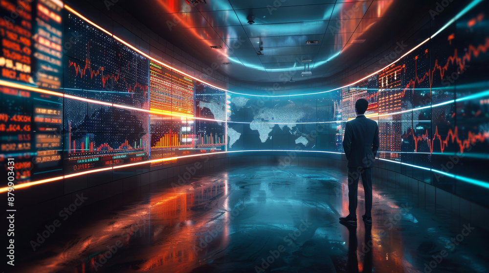 Poster a man stands in front of a wall of monitors displaying financial data