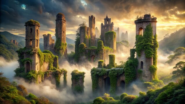 Ancient crumbling stone towers rise majestically from overgrown ruins, surrounded by a misty eerie aura, with vines entwined on weathered walls.