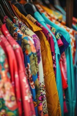 A collection of vibrant shirts displayed on a clothing rack, great for fashion and lifestyle uses