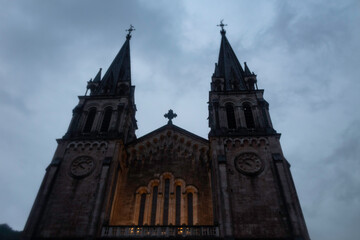 Facade of the Basilica of Santa Mar&iacute;a la Real de Covadonga, in Covadonga, Asturias, Spain 