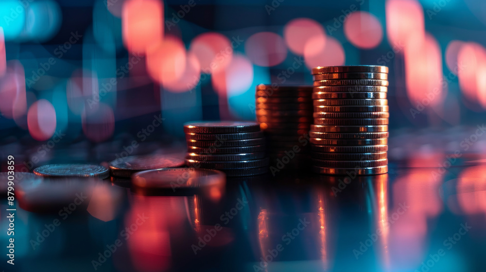 Poster a stack of coins on a table with a blurry background