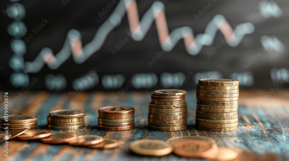 Poster a stack of coins on a table with a chart behind them