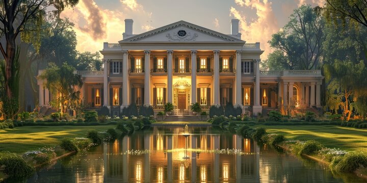 A regal Southern plantation house, with its grand columns, sweeping verandas, and lush gardens, captures the romance and history of the antebellum South