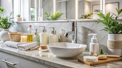 A sleek, modern bathroom countertop holds a variety of skincare products, with a foamy facial wash splattered on a clean white sink.