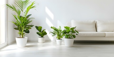 Stylish minimalist living room adorned with green houseplants and chic sofas. Concept Minimalist Decor, Green Houseplants, Stylish Sofas, Chic Living Room
