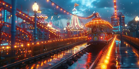 Amusement park rides for National Amusement Park Day, August 16th, thrilling attractions, colorful lights, fun-filled setup,