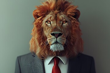 A man wearing a business suit with a lion's headpiece, suitable for various themed events or costumes