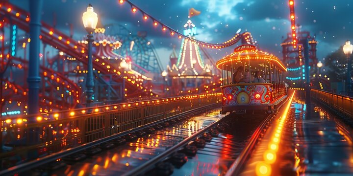 Amusement park rides for National Amusement Park Day, August 16th, thrilling attractions, colorful lights, fun-filled setup,