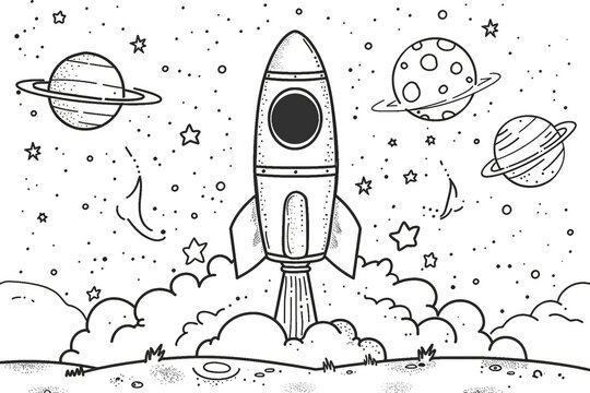 Rocket image for coloring, featuring detailed outlines and space elements. Perfect for children's activities and educational purposes