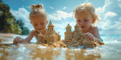 Children building sandcastles on the beach for National Sandcastle Day, August 1st, creative sculptures, sunny day, playful competition