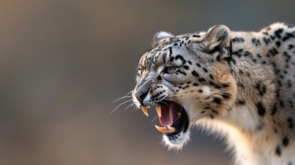 Obraz premium A fierce snow leopard roaring with mouth open, showcasing its sharp teeth, in its natural mountain habitat.