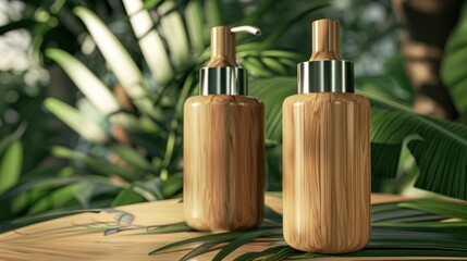 Wooden bottles on tropical plant background for cosmetics mockup
