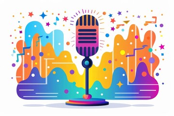 Vibrant illustration of a vintage microphone with colorful abstract background, perfect for podcast, music, and creative projects.