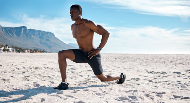 Beach, black man and fitness for lunges stretching and cardio with workout, flexibility and exercise. Energy, African person or bodybuilder with routine, seaside and healthy with athlete or active