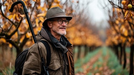 A gentleman with a hat and walking stick on a journey