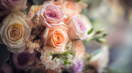 Detail shot of the bride's bouquet, highly professional photo picture featuring fine details and natural light, wedding, with copy space