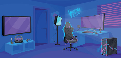 Gaming room interior. Teenager gamer night modern interior, teenage home bedroom or game cyber sport workspace tv console and computer, cartoon background neat illustration © ssstocker