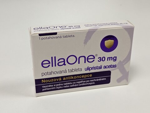 Prague, Czech Republic - July 10 2024: ELLAONE box of medication with ULIPRISTAL ACETATE active substance by HRA PHARMA, used for emergency contraception and pregnancy prevention.