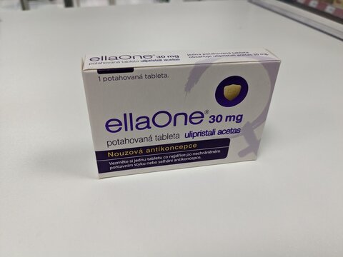 Prague, Czech Republic - July 10 2024: ELLAONE box of medication with ULIPRISTAL ACETATE active substance by HRA PHARMA, used for emergency contraception and pregnancy prevention.