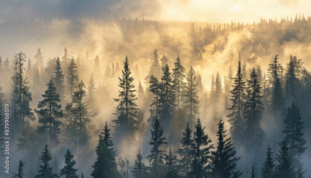 Poster a mesmerizing sight of a forest with sun rays piercing through mist, casting an enchanting atmospher