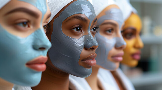 Four diverse women are wearing different colored face masks and relaxing in a spa setting.