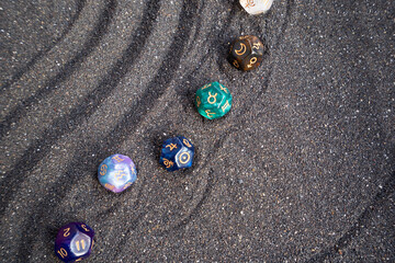 Horoscope zodiac divination dice. Fortune telling and astrology predictions charts concept, magic...