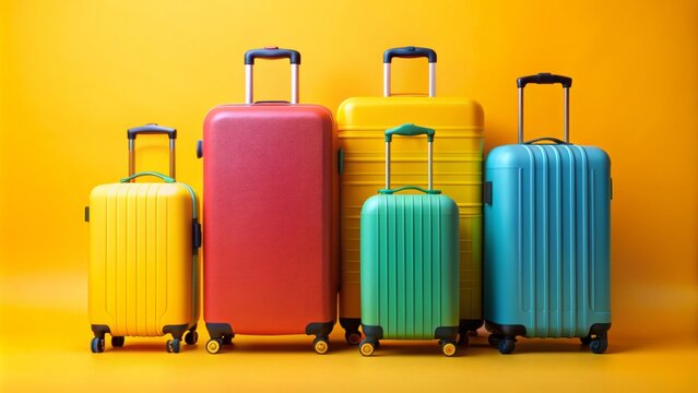Four vibrant suitcases, varying in size and color, stand aligned on a bright yellow background, evoking travel and adventure.