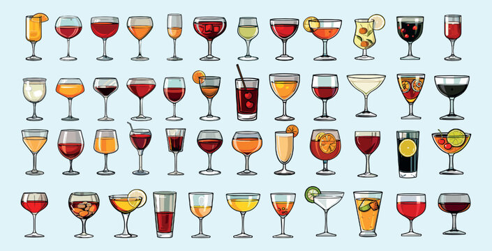 Alcohol glasses collection. Glass with alcoholic or non-alcoholic drinks, wine wineglass ice cocktail martini whiskey champagne refreshment lime drink bar menu vector illustration