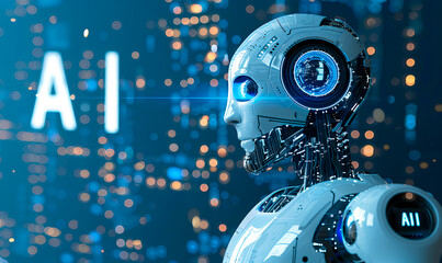 Obraz premium A humanoid robot with white and blue features stands with a city lights backdrop