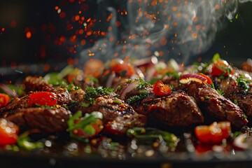 Grilled beef steak with vegetables and spices. Flames and smoke on dark background. Baked meat. Delicious dish. Meat with spices and sauce.