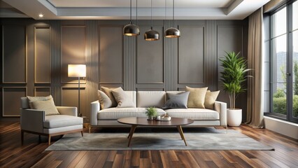 Modern sleek minimalist living room with gray walls, dark wood floors, and elegant cream-colored sofa, adorned with contemporary decor.