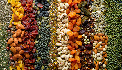 assorted nuts and seeds, various kinds of dried fruits, sun-dried berries. composition organic food background, top view